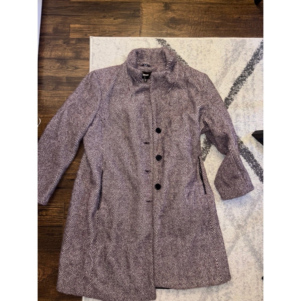 DKNY Women Herringbone Wool Blend Coat Purple Black Collar Button Front